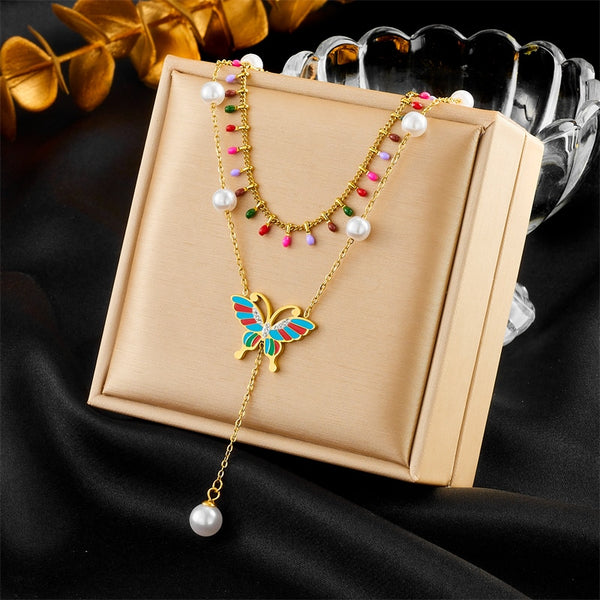 316L Stainless Steel Colorful Butterfly Pearl Long Pendant Necklace For Women