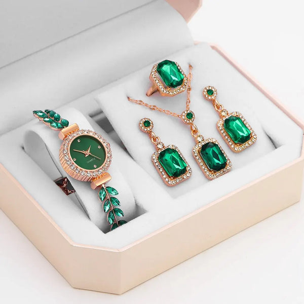 Conjunto de 5 piezas de reloj de hoja de lujo para mujer, anillo, collar y pendientes