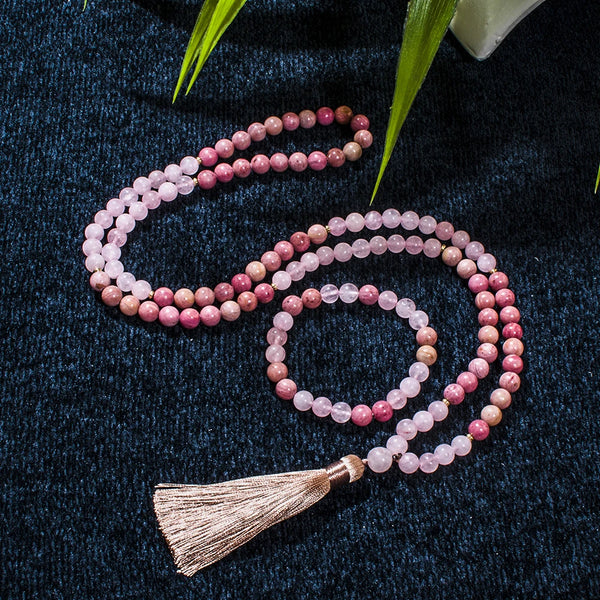 Collar Mala 108 con cuentas de rodocrosita de cuarzo rosa de 8 mm para meditación, yoga y oración, joyería Japamala para mujer