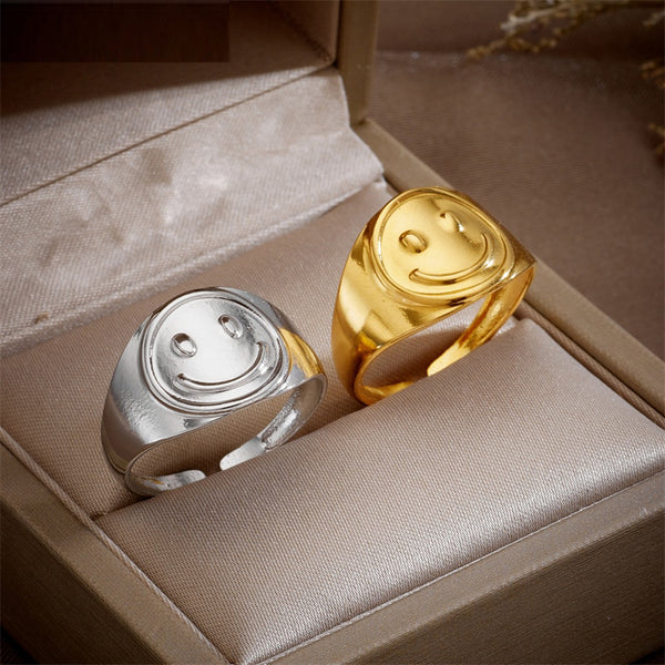 Anillo abierto redondo con sonrisa de acero inoxidable 316L, color dorado y plateado, para mujer