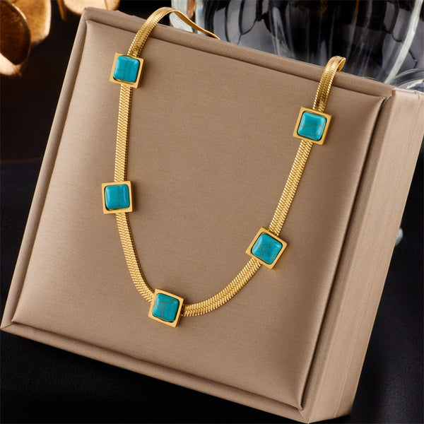316L Stainless Steel Square Green Stone Necklace For Women