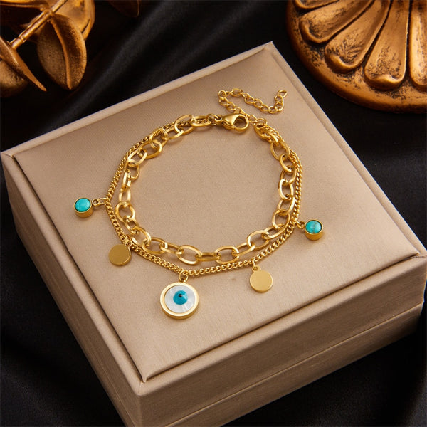 316L Stainless Steel Round Blue Eye Shape Charm Bracelet For Women
