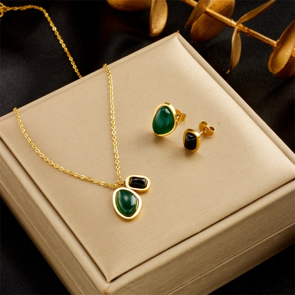 Collar y pendientes con colgante de piedra verde y negra de acero inoxidable 316L para mujer