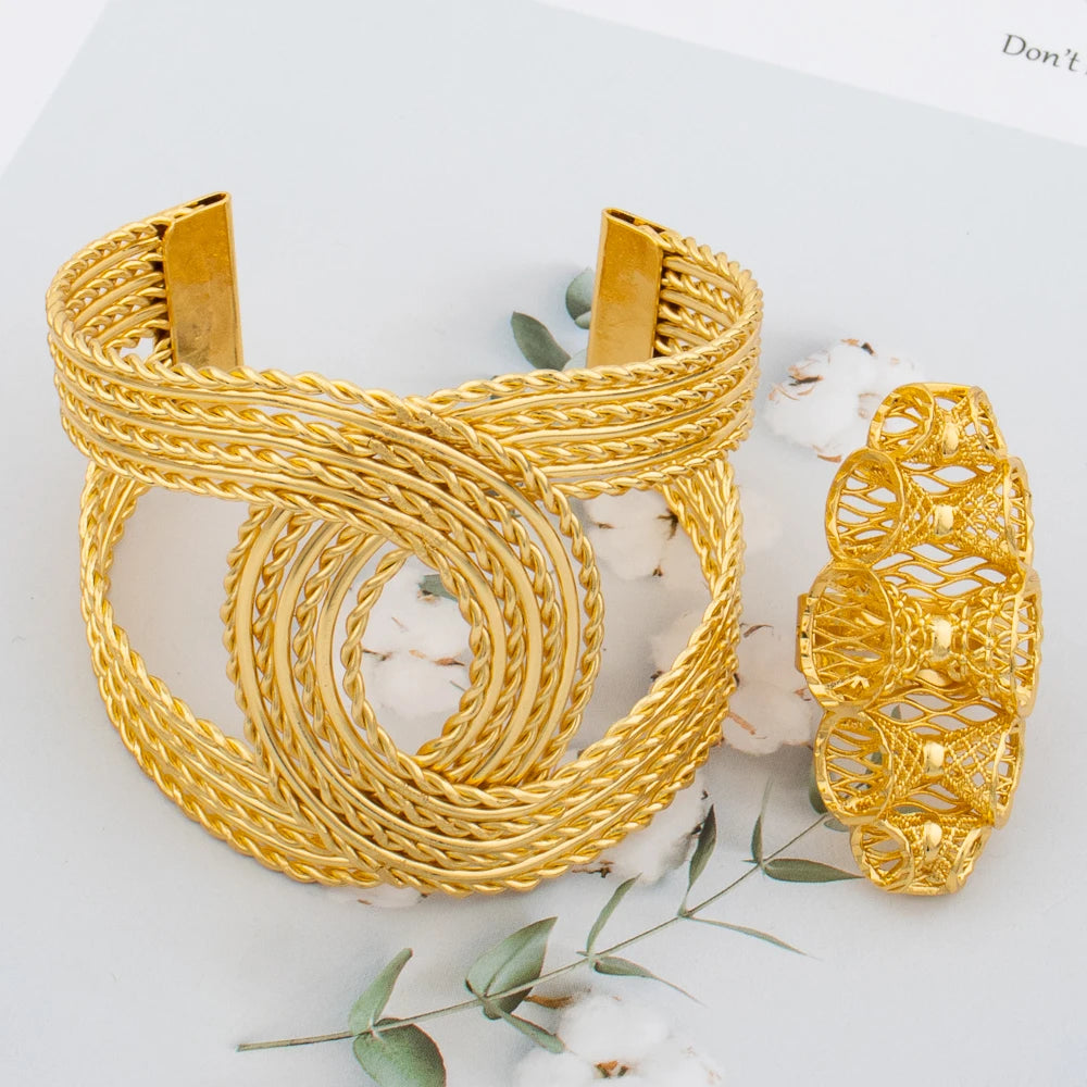 New Big Wide Ethiopian Bangle Ring Gold Color Women Bracelet  Jewelry Set