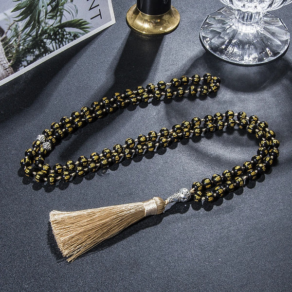 Cuentas de oración islámica musulmana Tasbih de 8 mm con seis palabras y mantra de obsidiana