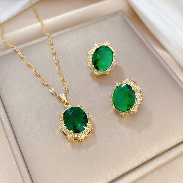 316L Stainless Steel Oval Green Crystal Pendant Necklace Earrings For Women