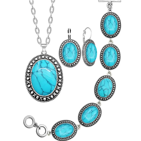 Conjuntos de joyería vintage con turquesas sintéticas ovaladas, collar, pulsera y pendientes para mujer