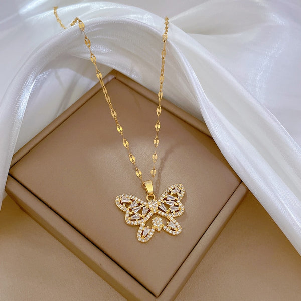 316L Stainless Steel Large Full Zirconia Butterfly Pendant Necklace For Women