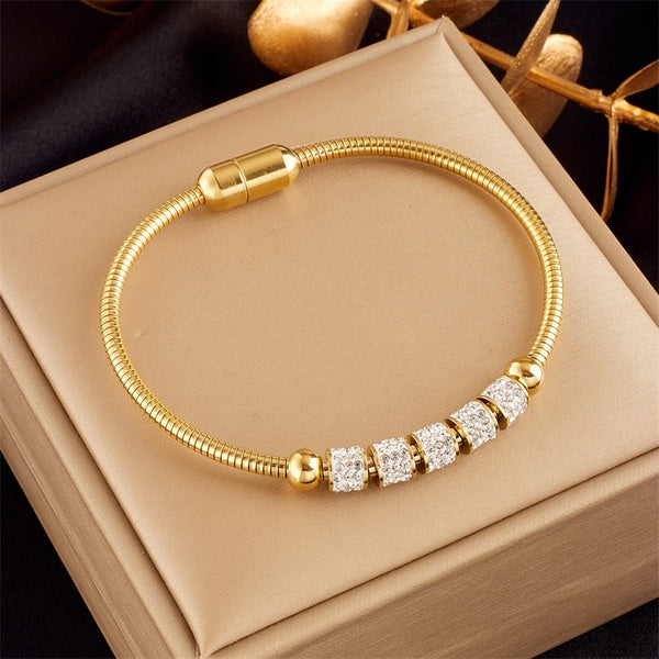 Pulsera de acero inoxidable 316L con cuentas de diamantes de imitación de color dorado para mujer