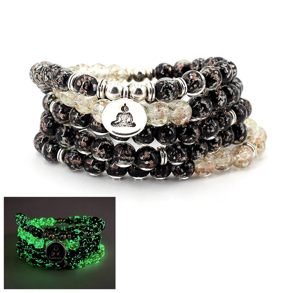 Pulsera Mala 108, cuentas luminosas de 8 mm, colgante de loto, joyería de meditación para hombres y mujeres