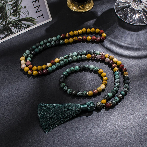 Collar de 108 cuentas de oración Mala de 8 mm con turquesa africana de mokaita, conjunto de meditación y yoga Japamala.