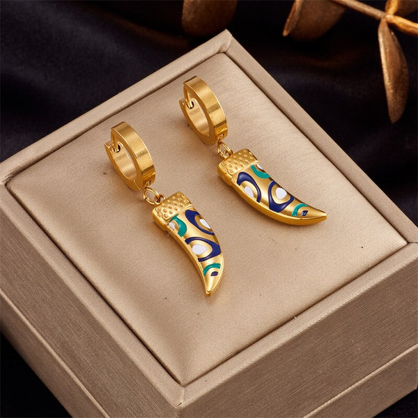 316L Stainless Steel Wolf Tooth Enamel Hoop Earrings For Women