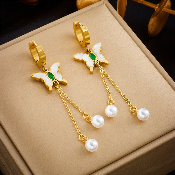 316L Stainless Steel Butterfly Pearl Tassel Earrings For Women