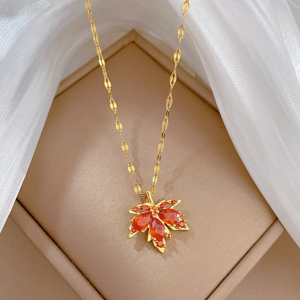 316L Stainless Steel Red Maple Leaf Crystal Pendant Necklace For Women