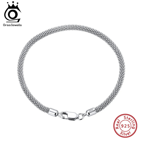 Pulsera de cadena de palomitas de maíz de malla de 3,0 mm de plata de ley 925