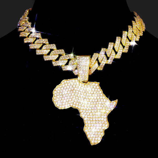 Collar con colgante de aleación de oro y plata con mapa de África, estilo hip hop, brillante y brillante.