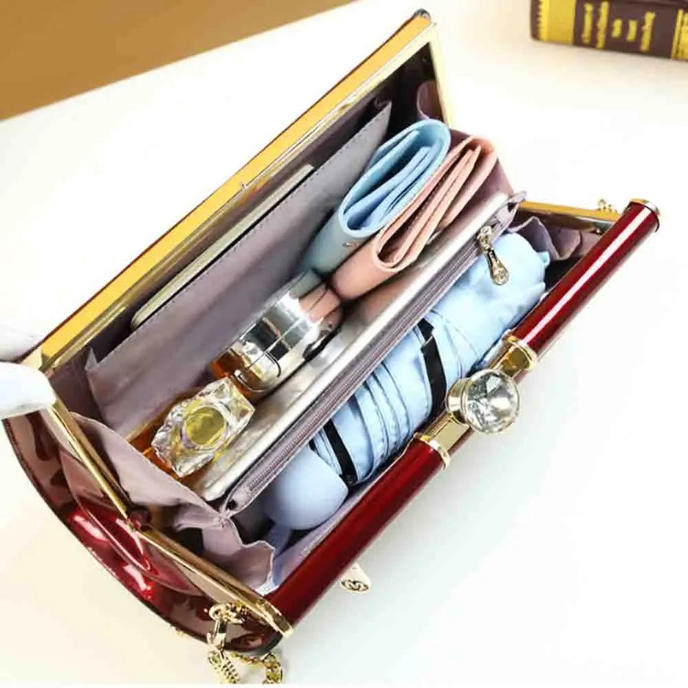 Top Quality Frame Bag for Women Luxury Patent Leather Ladies Clip Clutch Dinner
