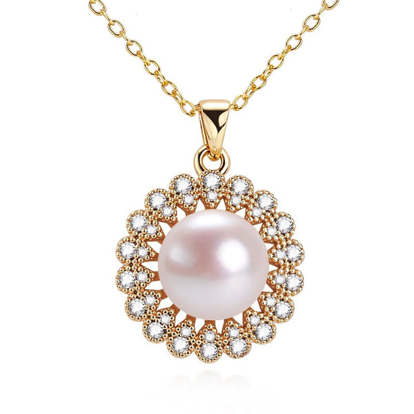 Collar de perlas de agua dulce auténticas con forma de flor redonda, colgante moderno y exquisito chapado en oro de 14 quilates.