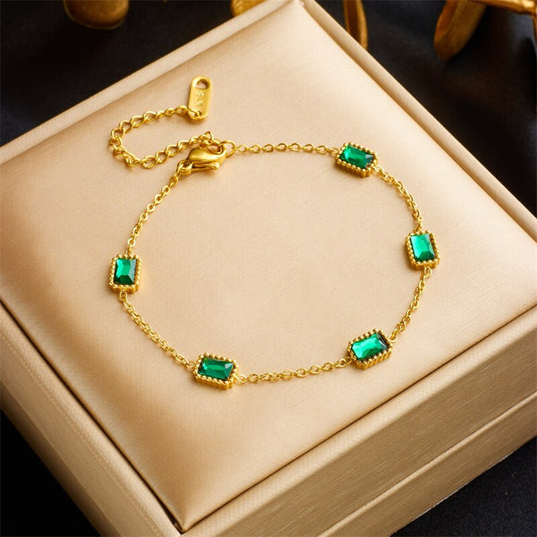 316L Stainless Steel Square Green Zircon Crystal Charm Bracelet For Women