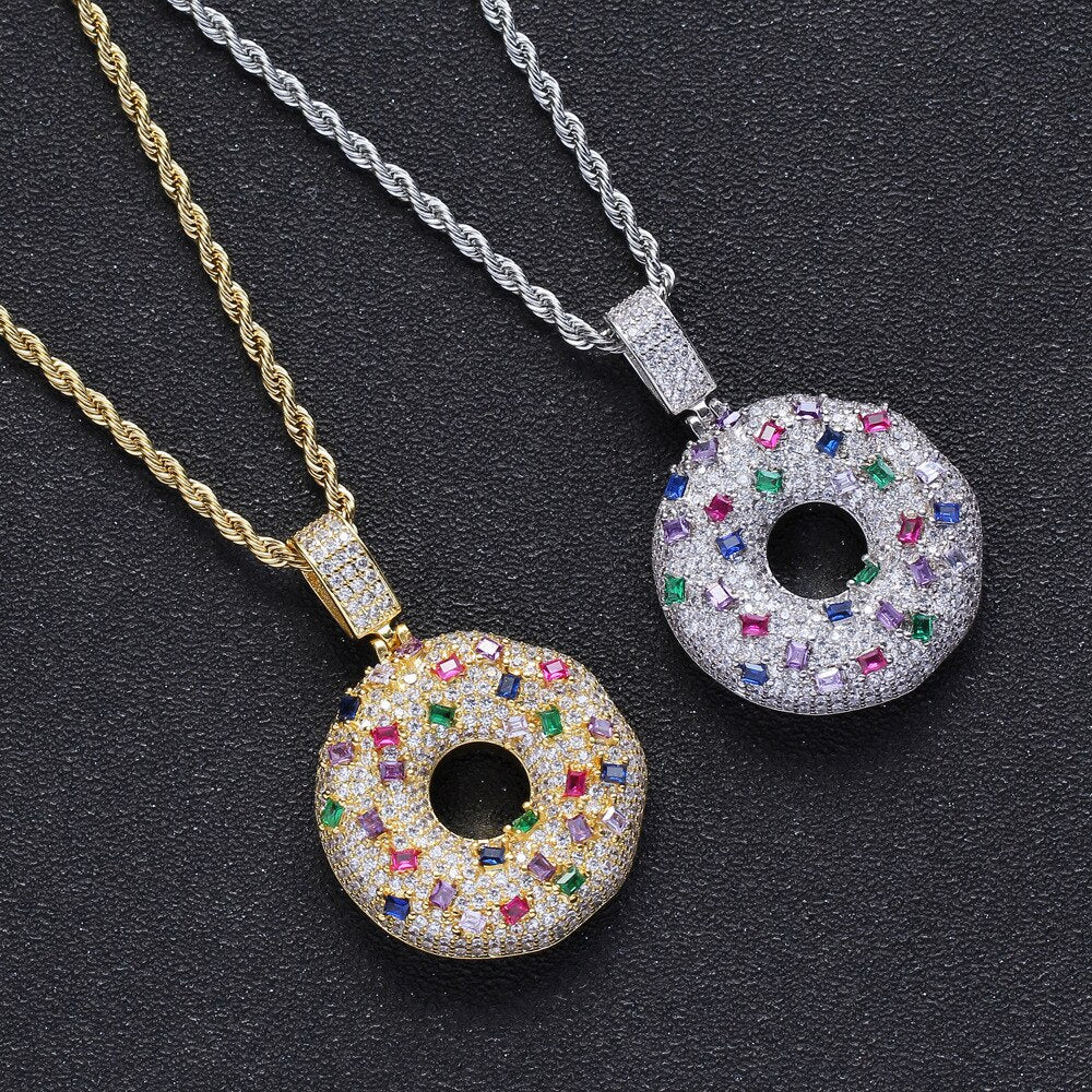 New Hip Hop Personality Necklace Color Donuts Full Of Zircon Donuts Couple For Men Women