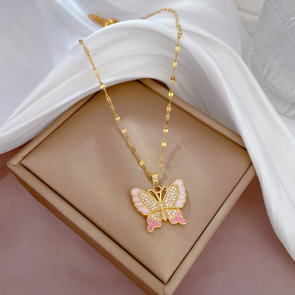 Collar con colgante de mariposa rosa de acero inoxidable 316L para mujer