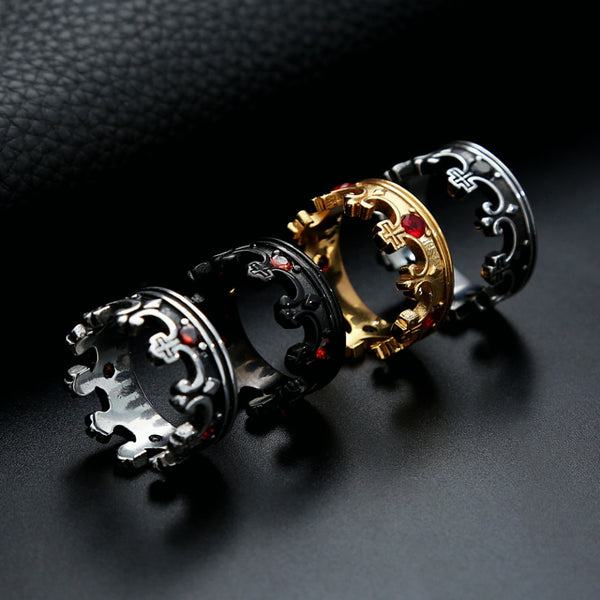 Anillo de corona con piedra de color plateado, dorado y negro vintage para hombre y mujer.
