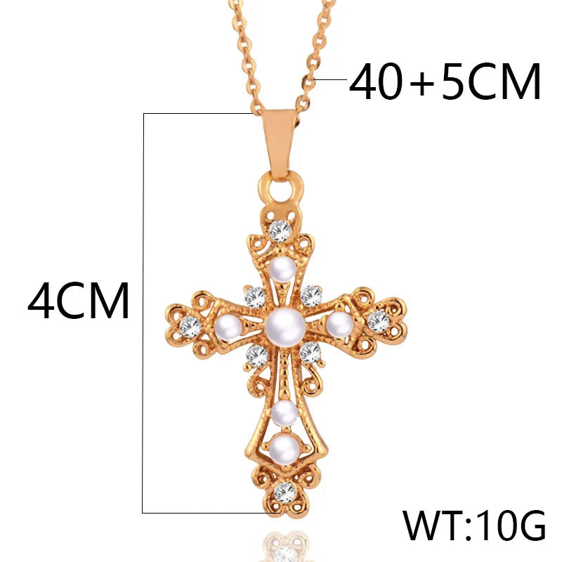 Vintage Baroque Simulated Pearl Hollow Cross Stainless steel Pendant Necklace Gold Color Chain