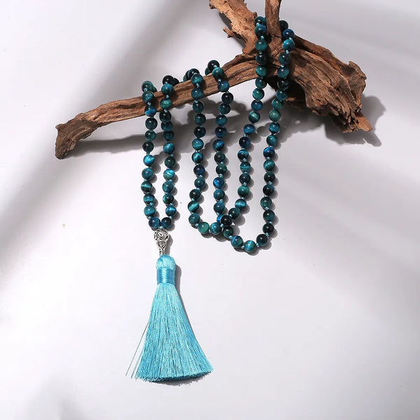 Collar de 108 cuentas Mala de 8 mm con ojo de tigre azul, collar anudado para meditación, yoga y oración.