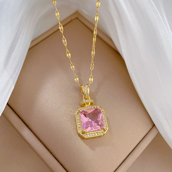 316L Stainless Steel Vintage Pink Crystal Pendant Necklace For Women