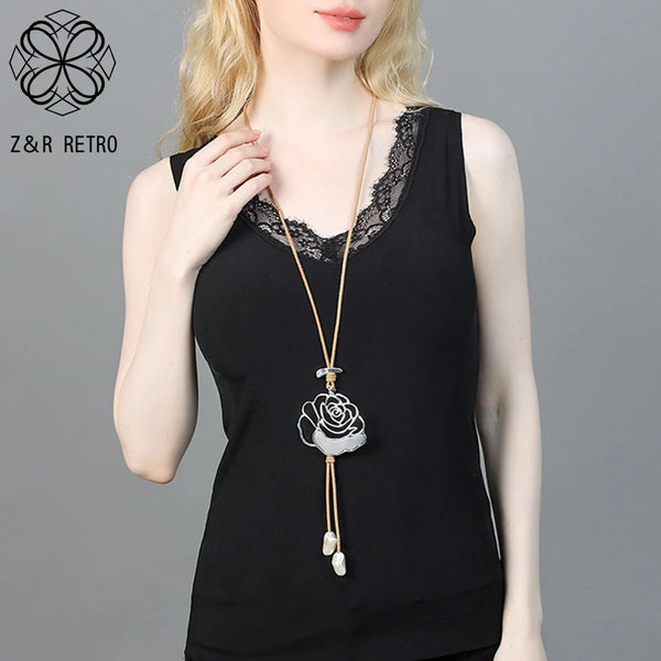 Korean Fashion Hollow Out Silver Color Flower Jewelry For Women Long Necklace Pendants New in Gothic Jewellery Trending Products