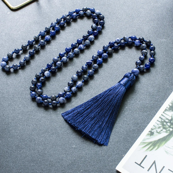 Collar de meditación Mala 108 anudado con cuentas de sodalita natural de 6 mm
