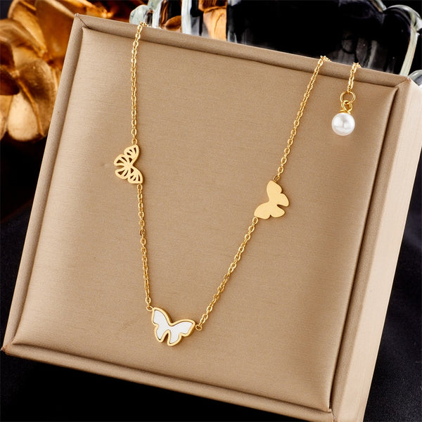 316L Stainless Steel Pearl Butterfly Pendant Necklace For Women