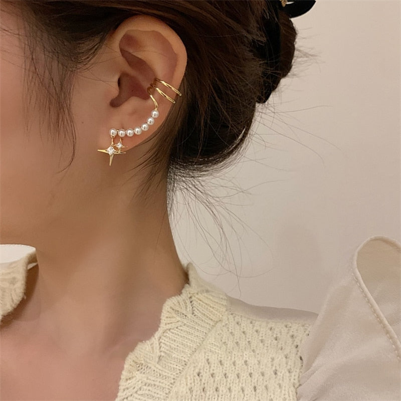 Korean Elegant Pearl Beads Clip Earrings Women