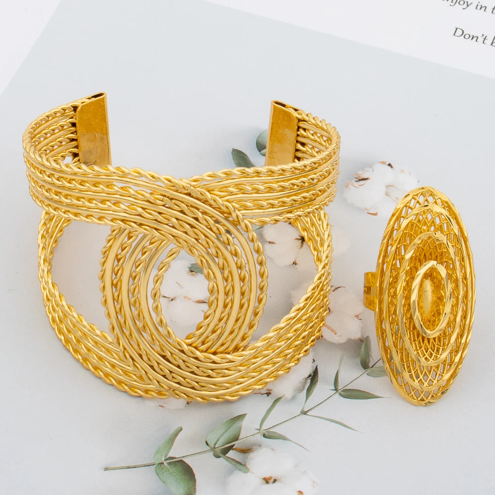 New Big Wide Ethiopian Bangle Ring Gold Color Women Bracelet  Jewelry Set