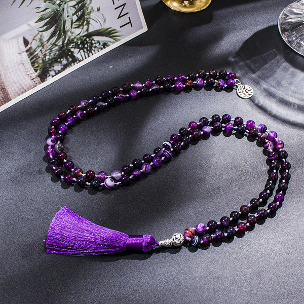 Collar de cuentas de mala 108 anudadas de ágata morada rayada de 8 mm para meditación, yoga y oración. Japamala.