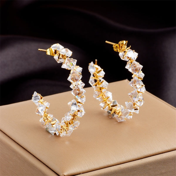 316L Stainless Steel White Shine Zircon C Shape Earrings For Women