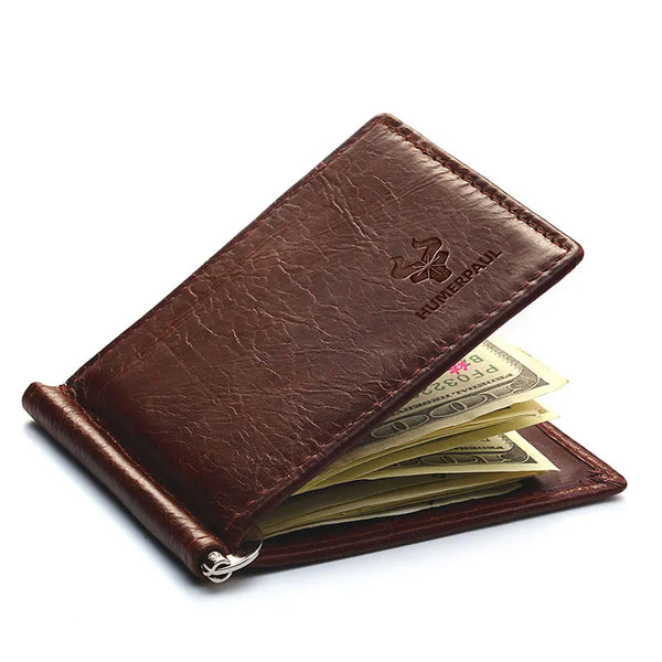 Monedero de piel auténtica para hombre y mujer, billetera plegable con clip para dinero, con pinza para dinero.