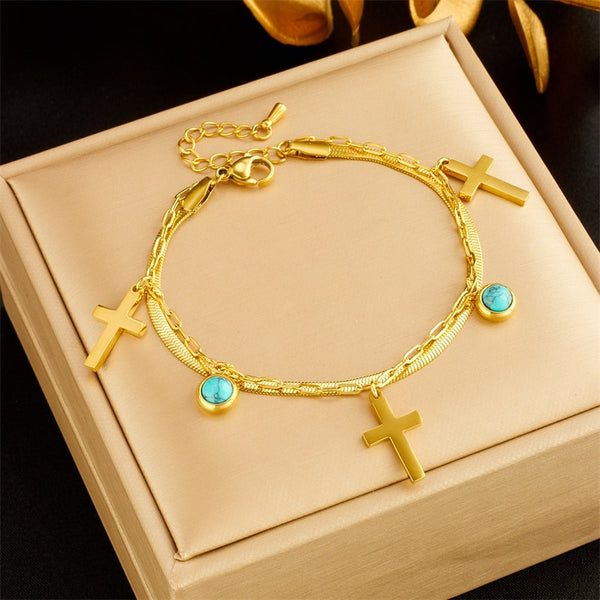 316L Stainless Steel 2 Layers Cross Charm Bracelet For Women