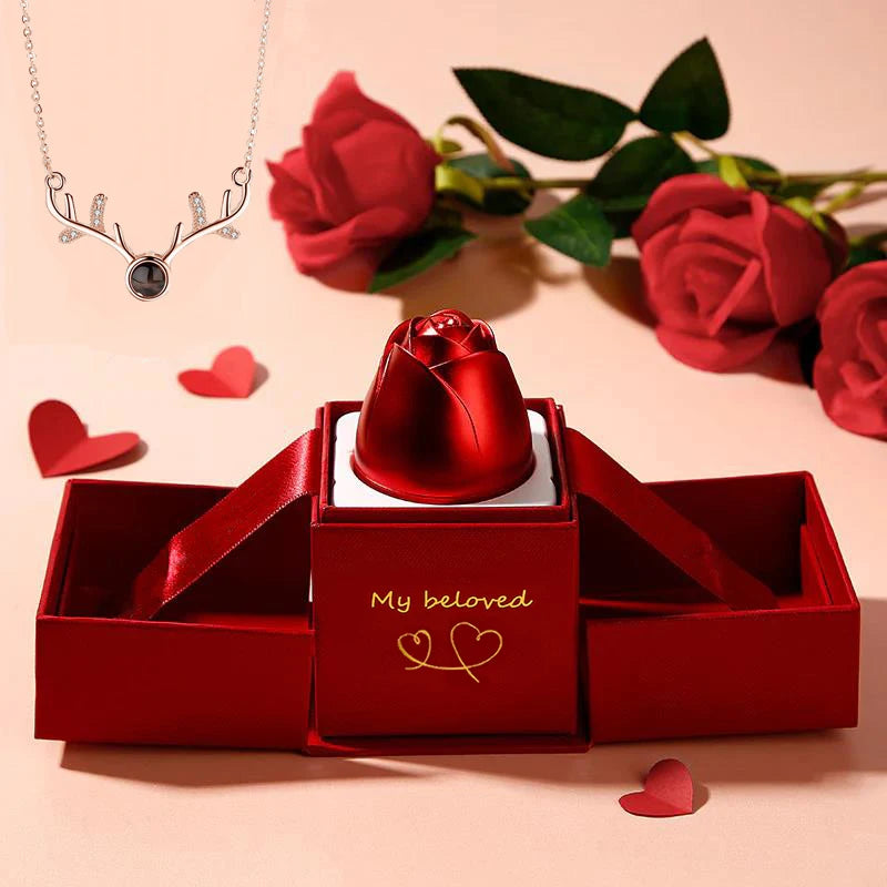 Antlers Projection Necklace With Exquisite Rose Gift Box100 Languages I Love You Pendant