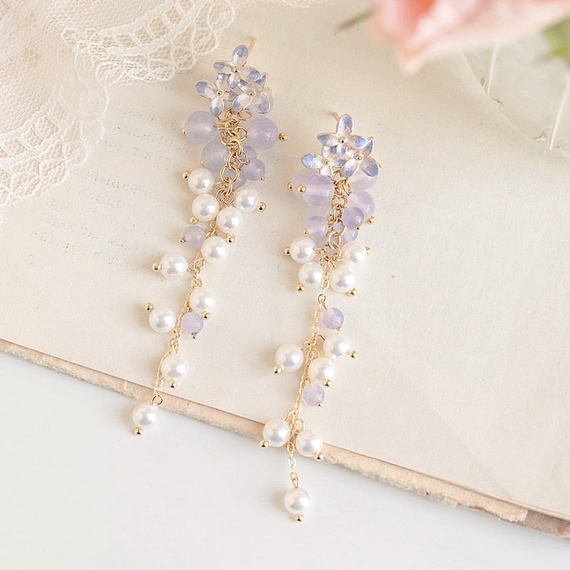 Korean Trendy Fresh Purple Flower Beads Drop Earrings For Women
