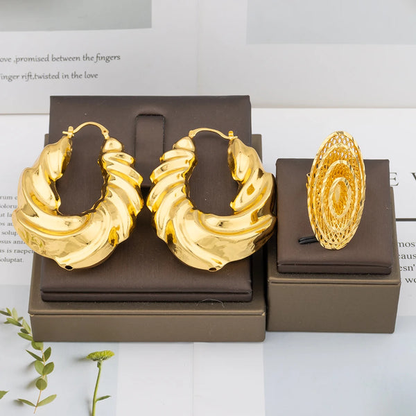 Dubai Gold Plated Jewelry Set for Women Big Earrings with Flower Ring