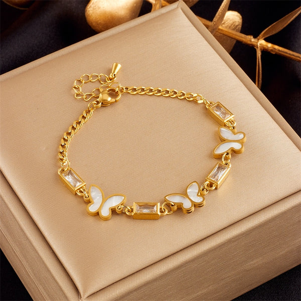 Pulsera de acero inoxidable 316L con dije de mariposa de cristal cuadrado blanco para mujer