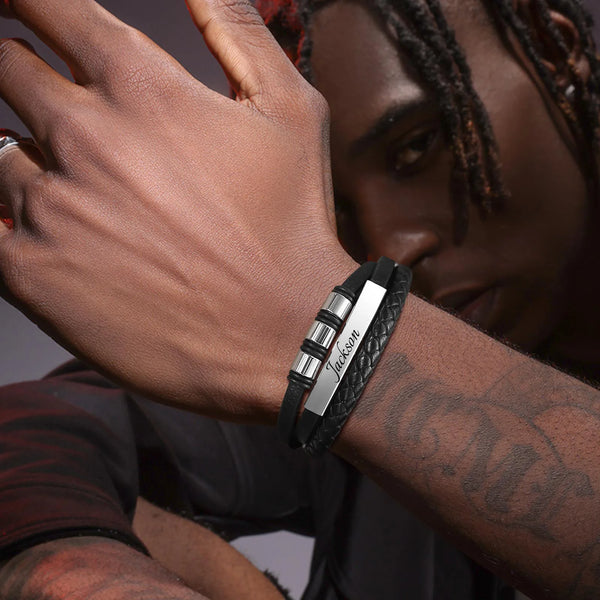 Leather Bracelets for Men Boys,Black Stainless Steel Wristband with Beads