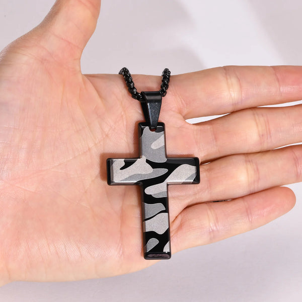 Army Camouflage Cross Necklace, Military Grey and Black Mens Pendant