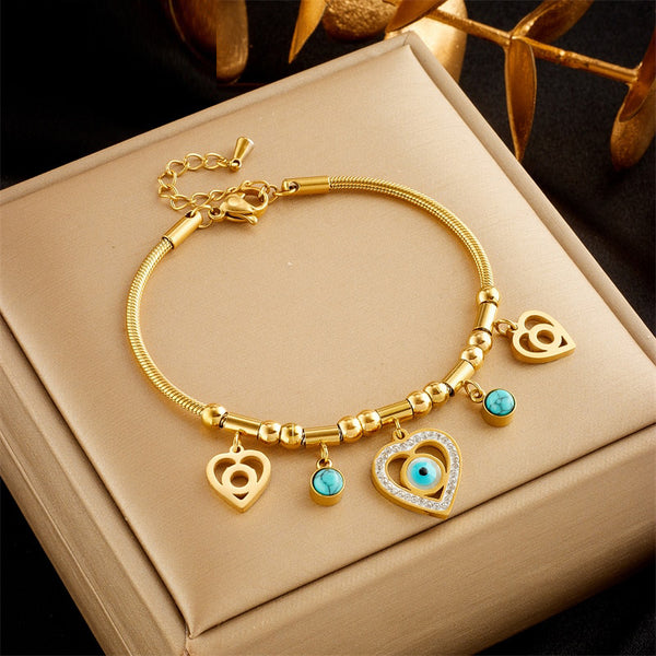316L Stainless Steel Heart-Shaped Blue Eyes Charm Bracelet For Women