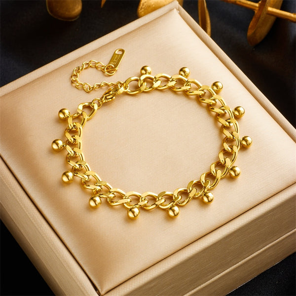 Pulsera de acero inoxidable 316L con cuentas redondas doradas para mujer