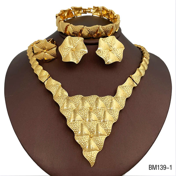 Conjunto de joyas de dos tonos de Dubái, diseño de lujo, pendientes, collar, brazalete y anillo (4 piezas)