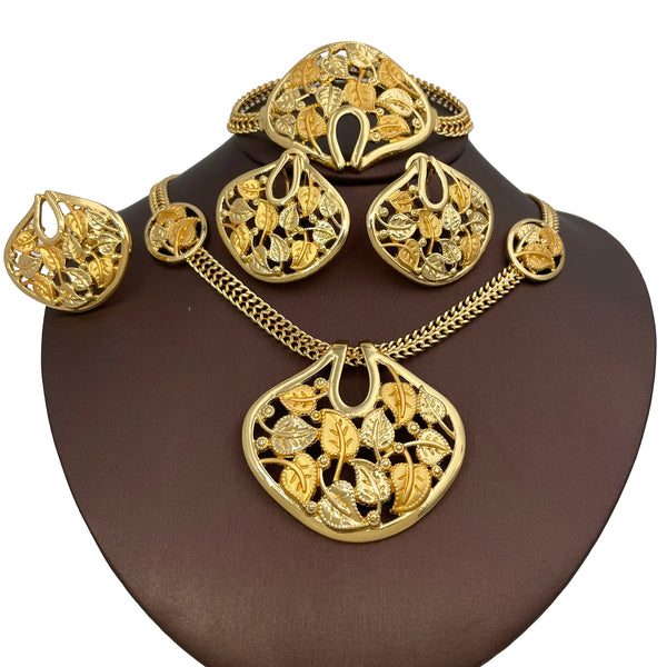 Juego de 4 pendientes, collar, brazalete y anillo con diseño de hoja para regalo de boda.