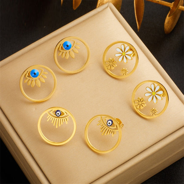 316L Stainless Steel Eyes Flowers Stud Earrings For Women