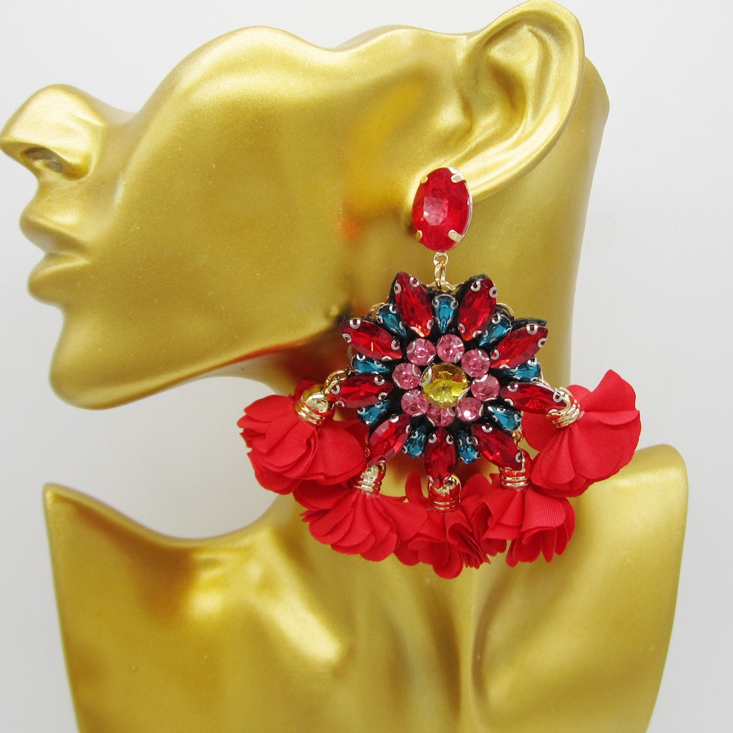 Statement Boho Tassel Big Flower Earrings for Women Crystal Multicolor Drop Earrings